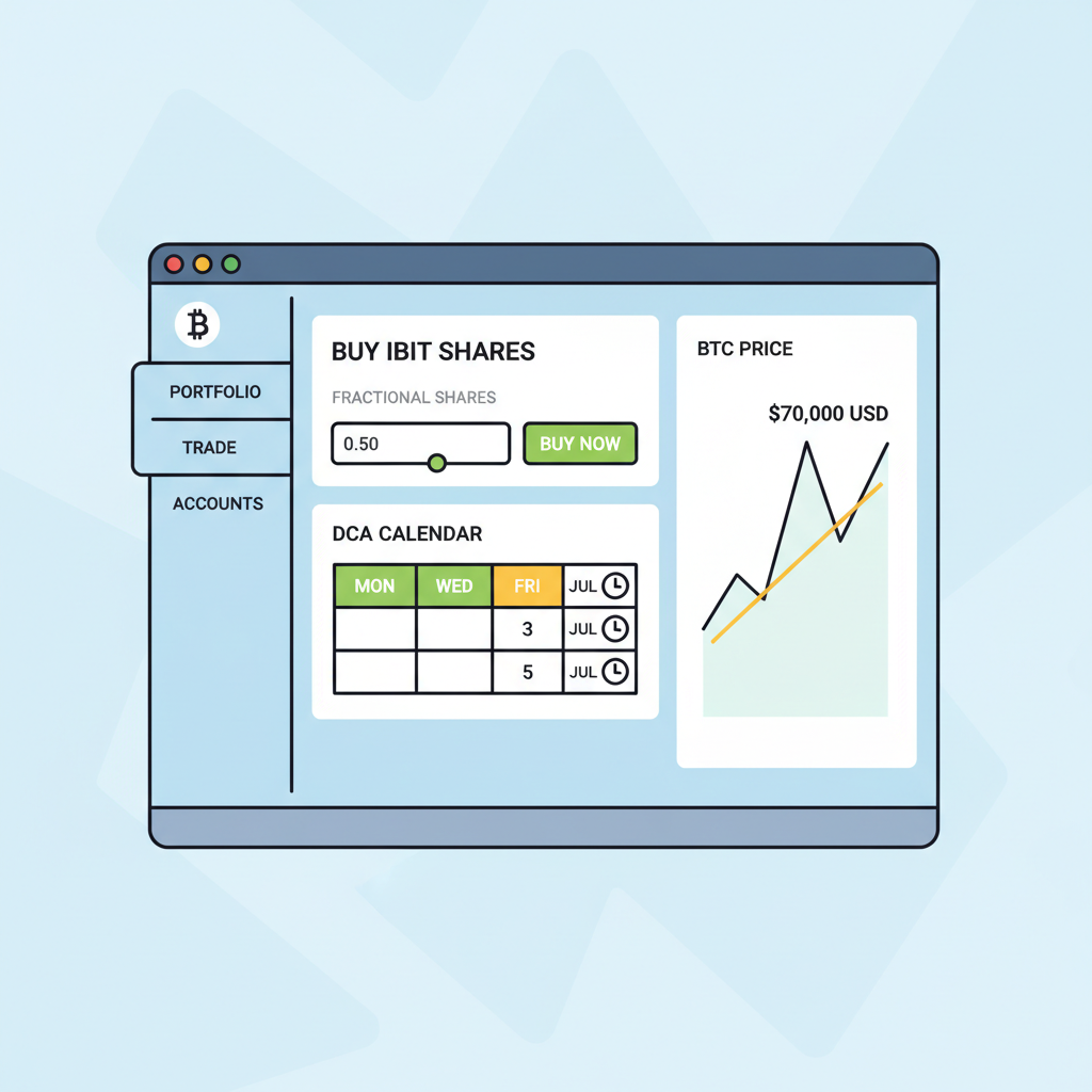 Brokerage trade screen buying fractional IBIT shares, DCA calendar schedule, BTC price chart at $70K