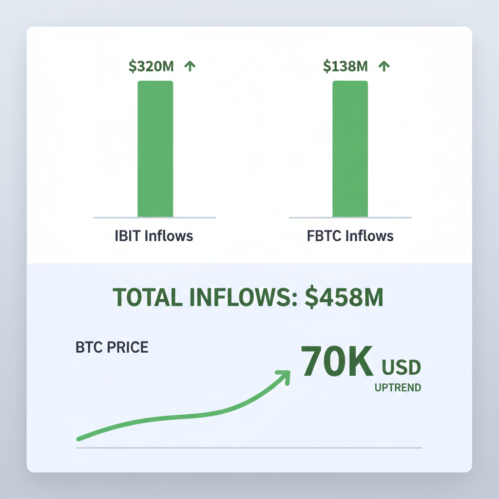 Dashboard tracking Bitcoin ETF inflows IBIT/FBTC, charts with $458M inflows, BTC at $70K green uptrend