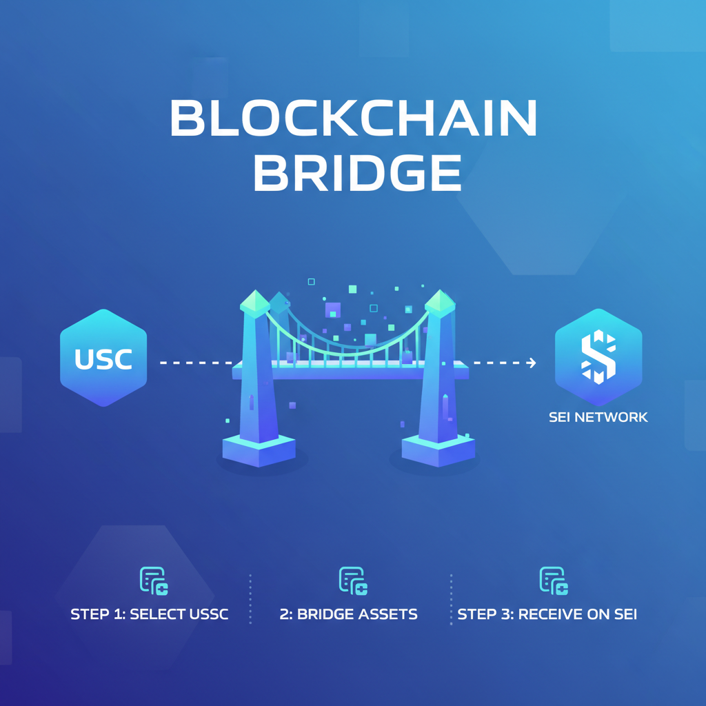 blockchain bridge transferring USDC to Sei network, futuristic graphic