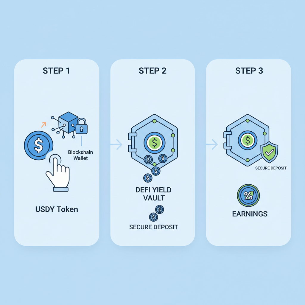 depositing USDY token into DeFi yield vault on blockchain, secure deposit illustration