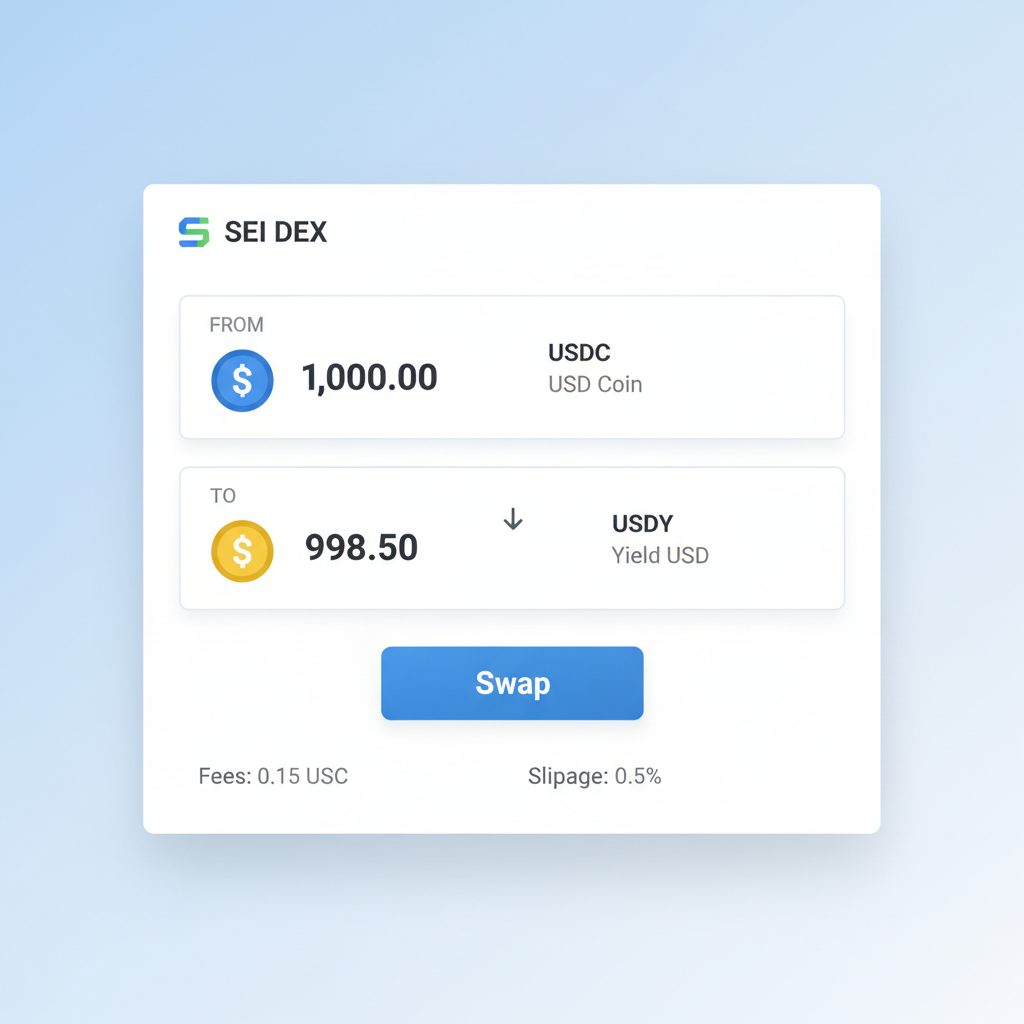 crypto DEX swap interface USDC to USDY on Sei, clean UI screenshot style
