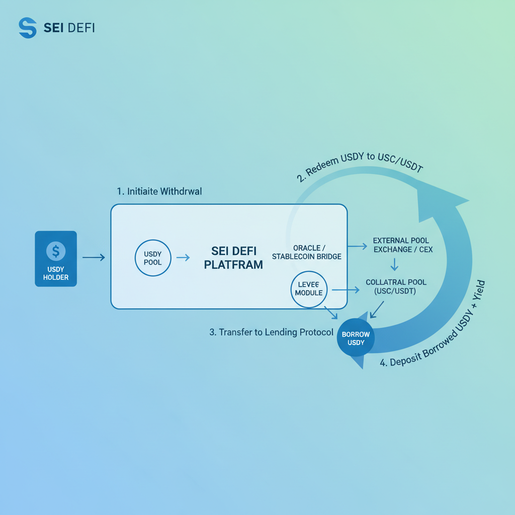 seamless withdrawal and leverage flow for USDY on Sei DeFi, fluid arrow diagram