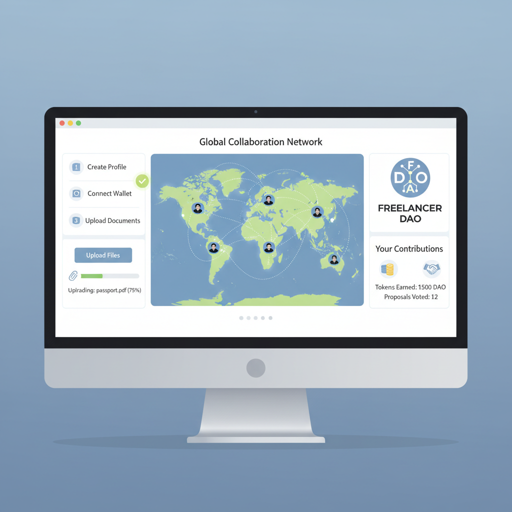 self-service portal screen uploading documents freelancers global map DAO theme