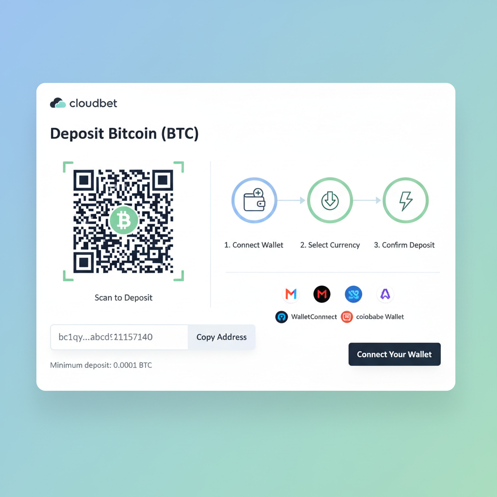 clean screenshot of Cloudbet or Stake deposit BTC interface, crypto wallet connection, professional esports betting site UI
