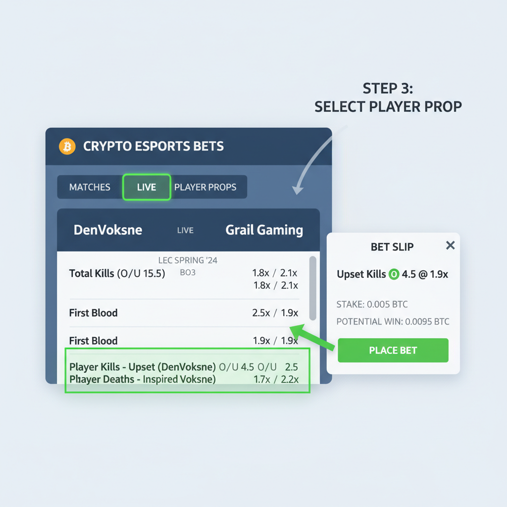 League of Legends esports betting lobby on crypto site, player props menu highlighted, DenVoksne match visible
