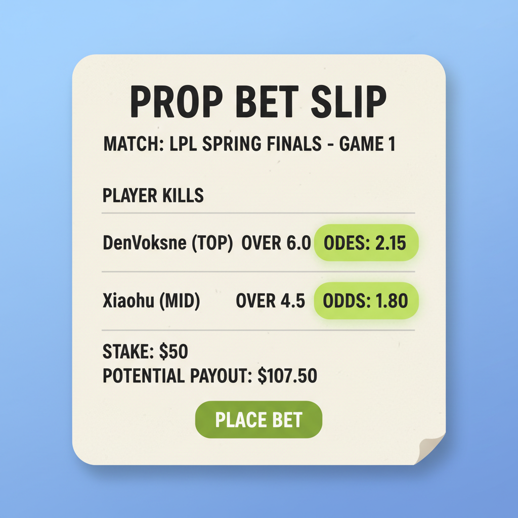 close-up of LoL player prop bet slip, DenVoksne kills over 6.0 highlighted, odds displayed