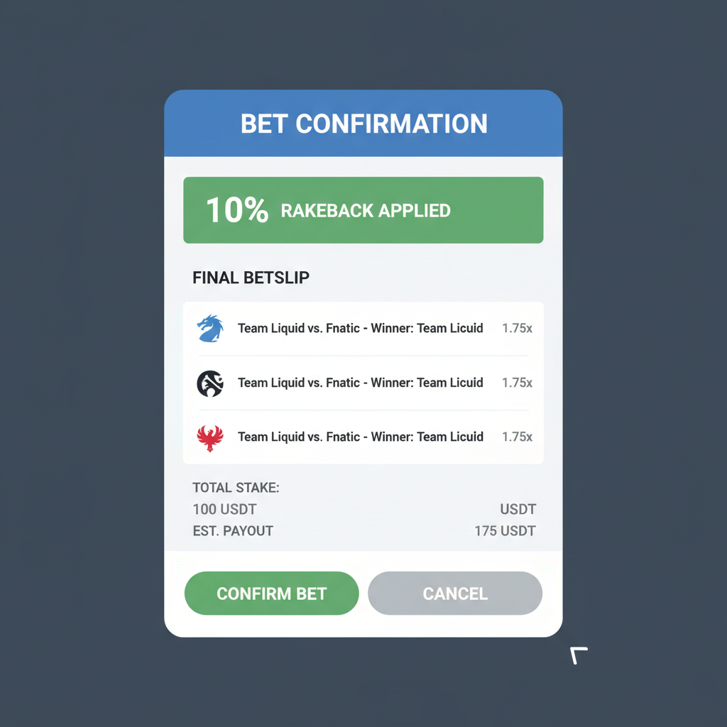 bet confirmation screen on crypto esports site, rakeback percentage shown, final slip with totals
