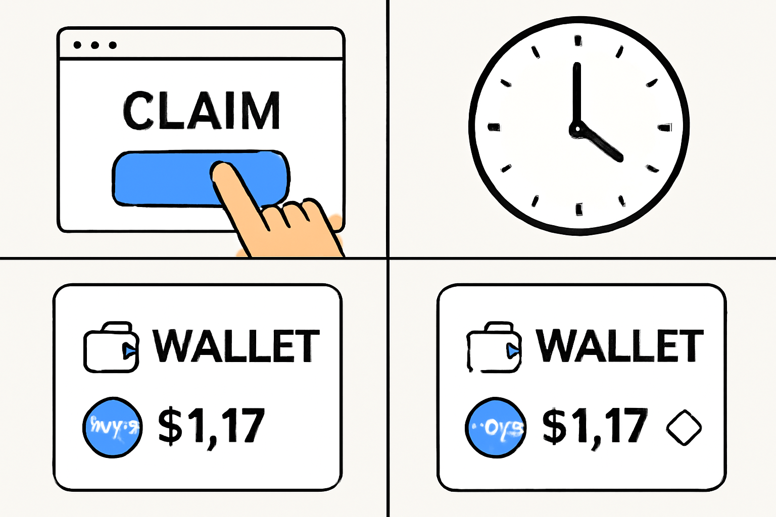 A user clicking a 'Claim' button on a website, then viewing their wallet with a $PLAY token balance of $1.17. Include a clock to indicate waiting, and a refresh icon for updating the wallet.