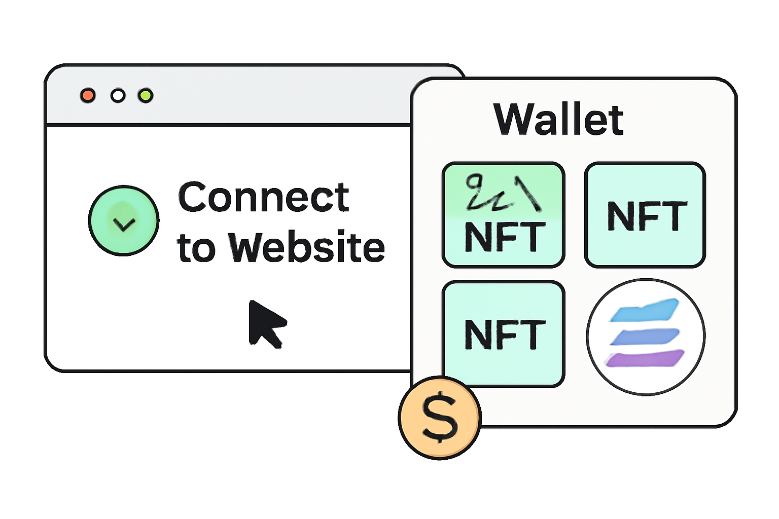 A digital wallet interface connecting to a website, highlighting NFTs inside the wallet and a Solana logo. Show a checkmark for eligibility and a small SOL coin icon for transaction fees.