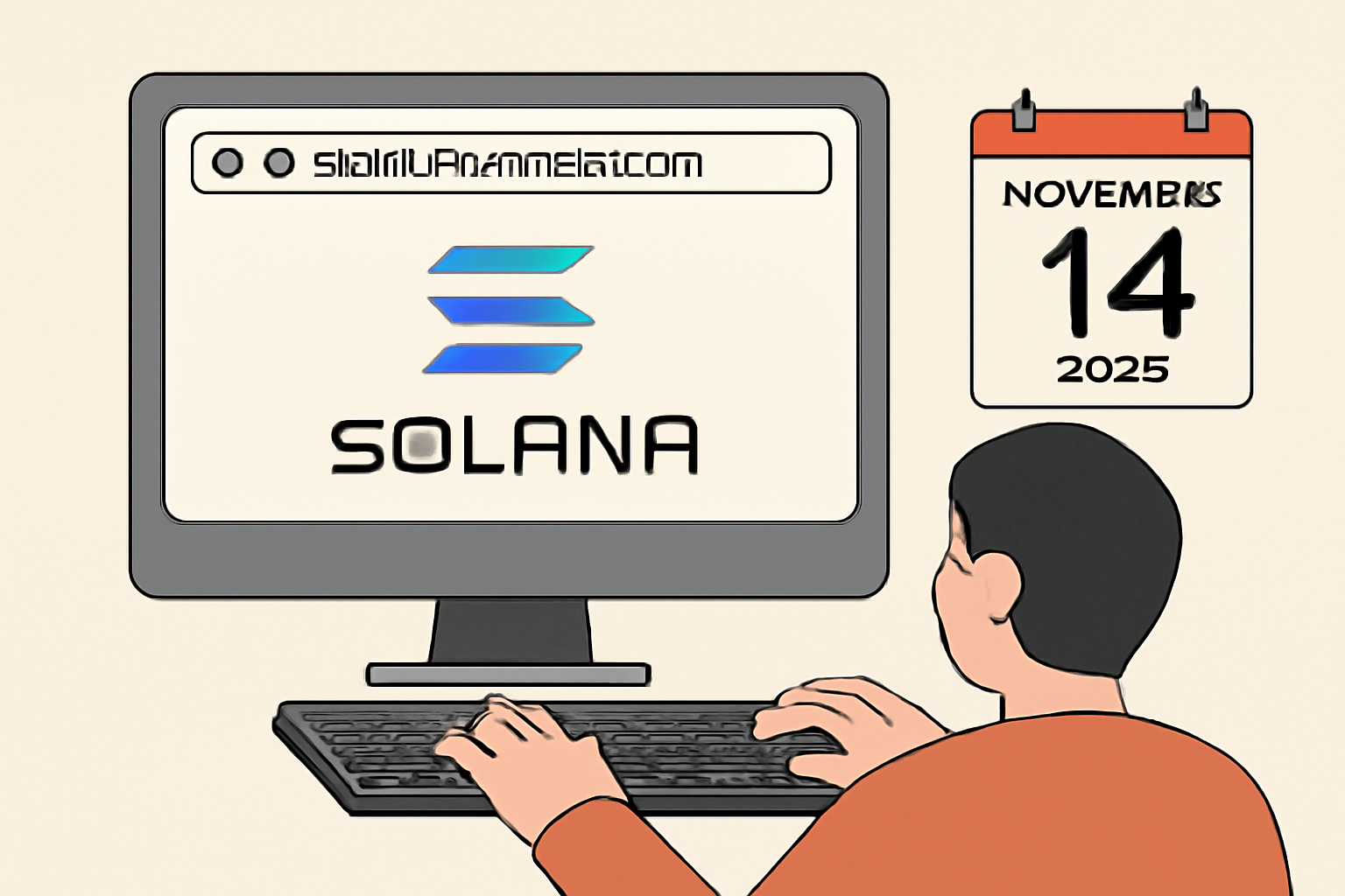 A person at a computer typing claim.playsolana.com into a browser, with a clear Solana logo and a calendar showing November 14, 2025. Emphasis on security and official branding.