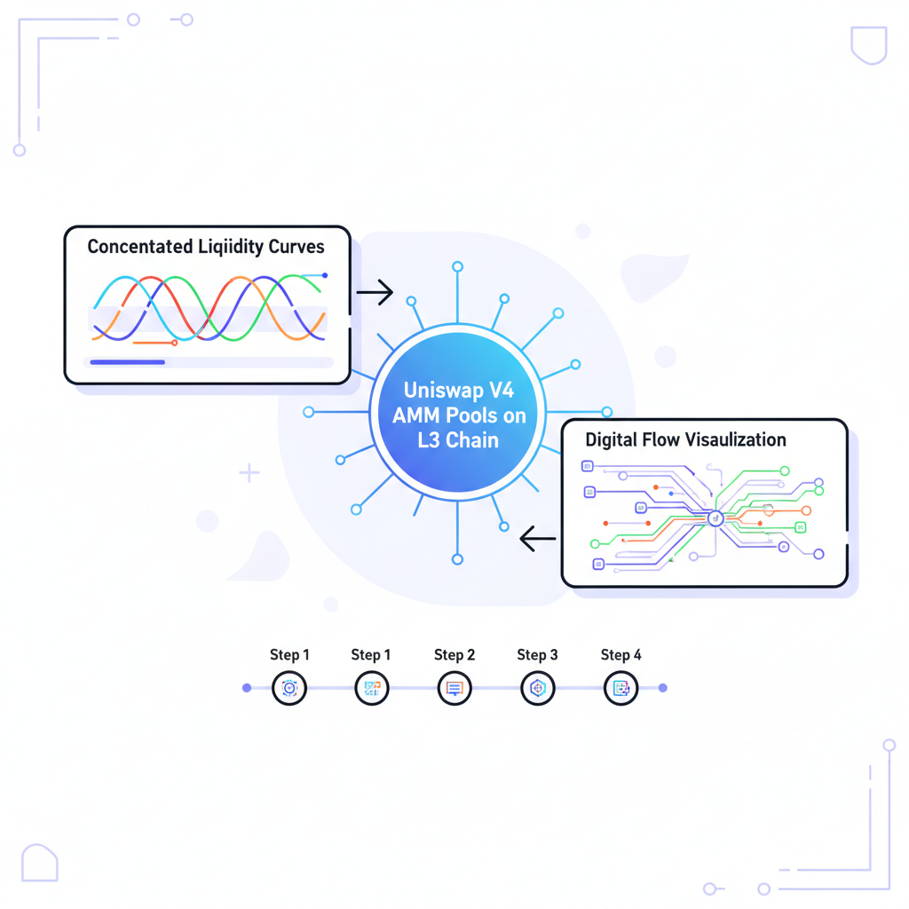 Uniswap V4 AMM pools on L3 chain, concentrated liquidity curves, digital flow visualization