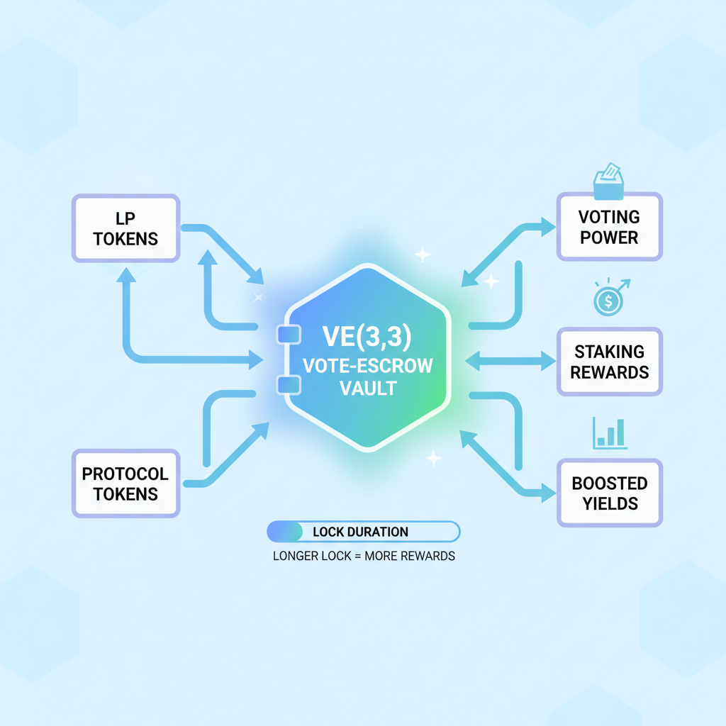 ve(3,3) token locking mechanism diagram, vote-escrow vault glowing, blockchain incentives