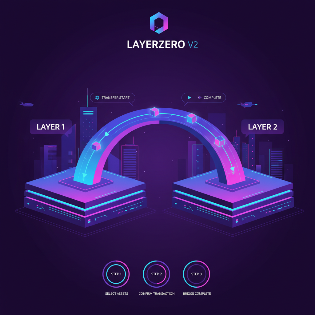 futuristic LayerZero V2 bridge connecting blockchain layers, glowing transfers, cyberpunk neon