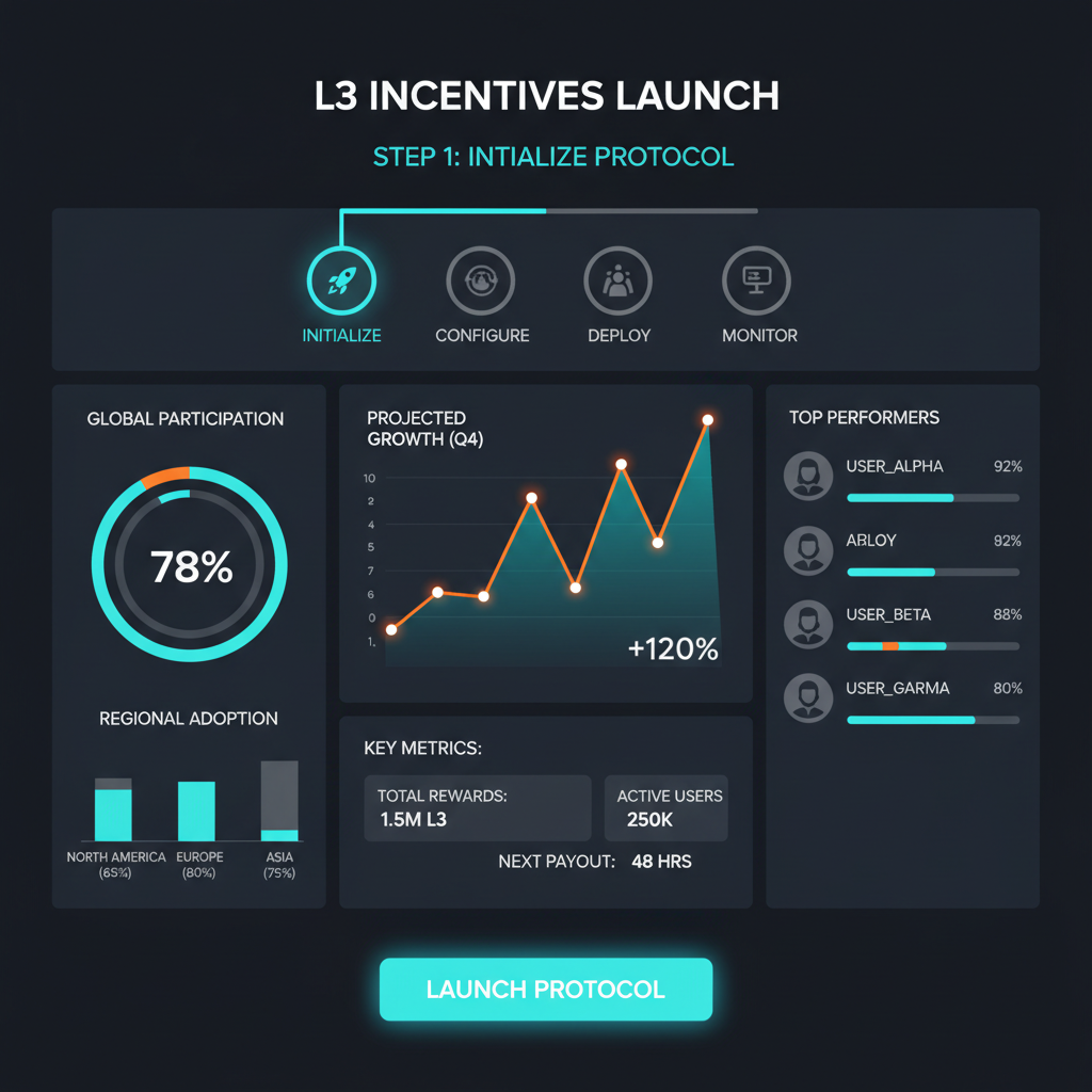 launch dashboard for L3 incentives, charts and metrics, futuristic UI
