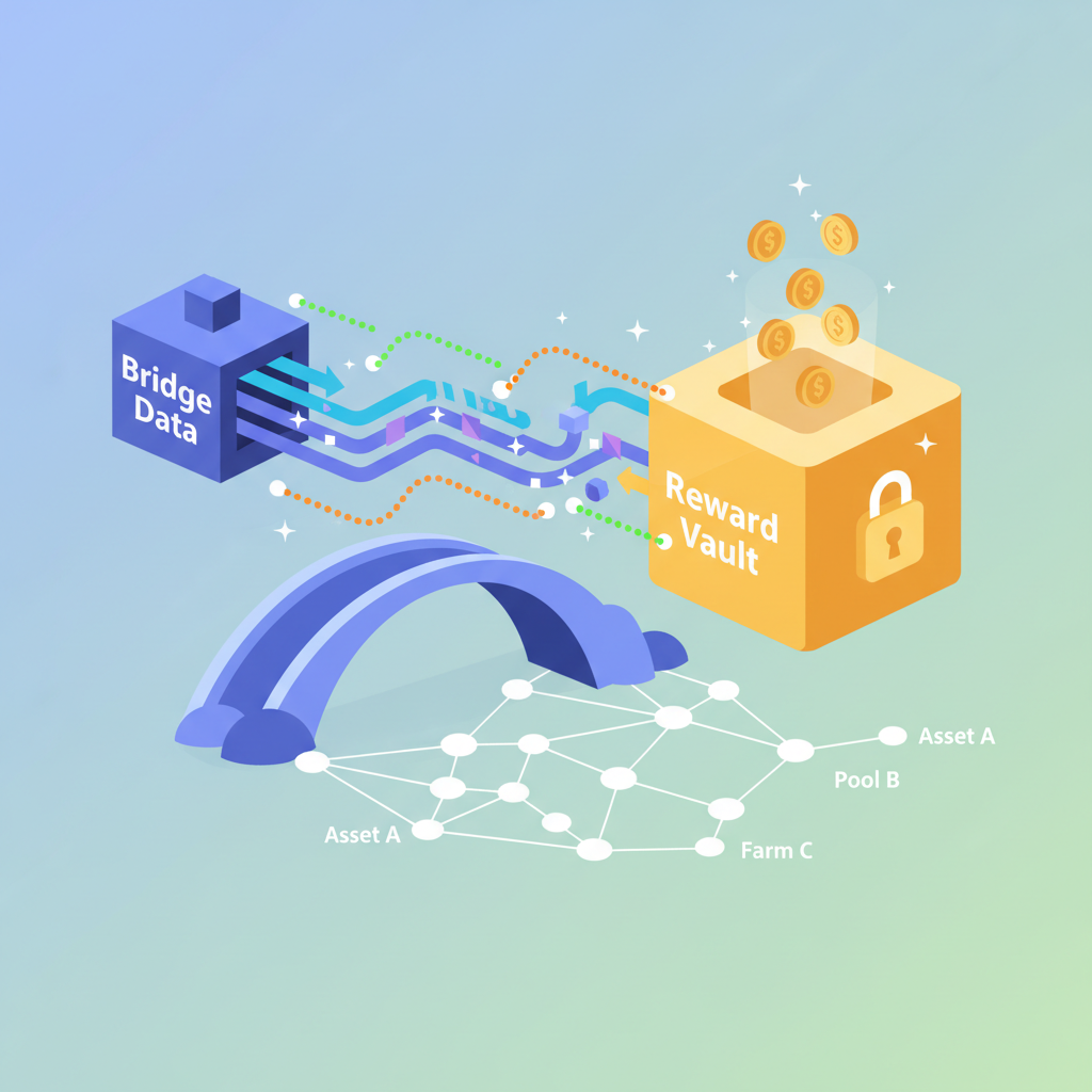 bridge data flowing into reward vault, incentive links visualized, abstract crypto graph