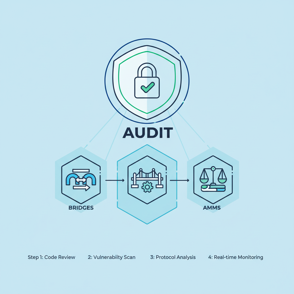 secure blockchain audit shield over bridges and AMMs, protective barriers, high-tech