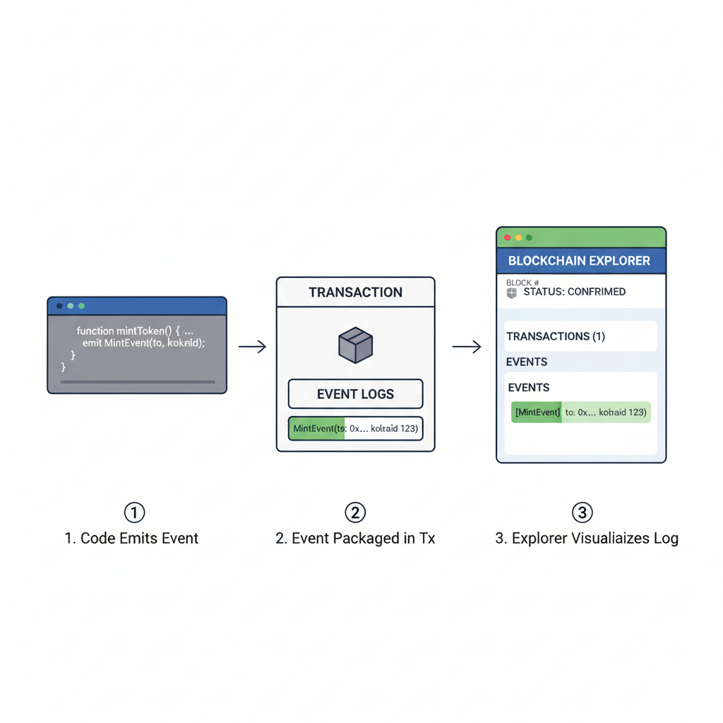 Move code emitting MintEvent, event log visualization, blockchain explorer style