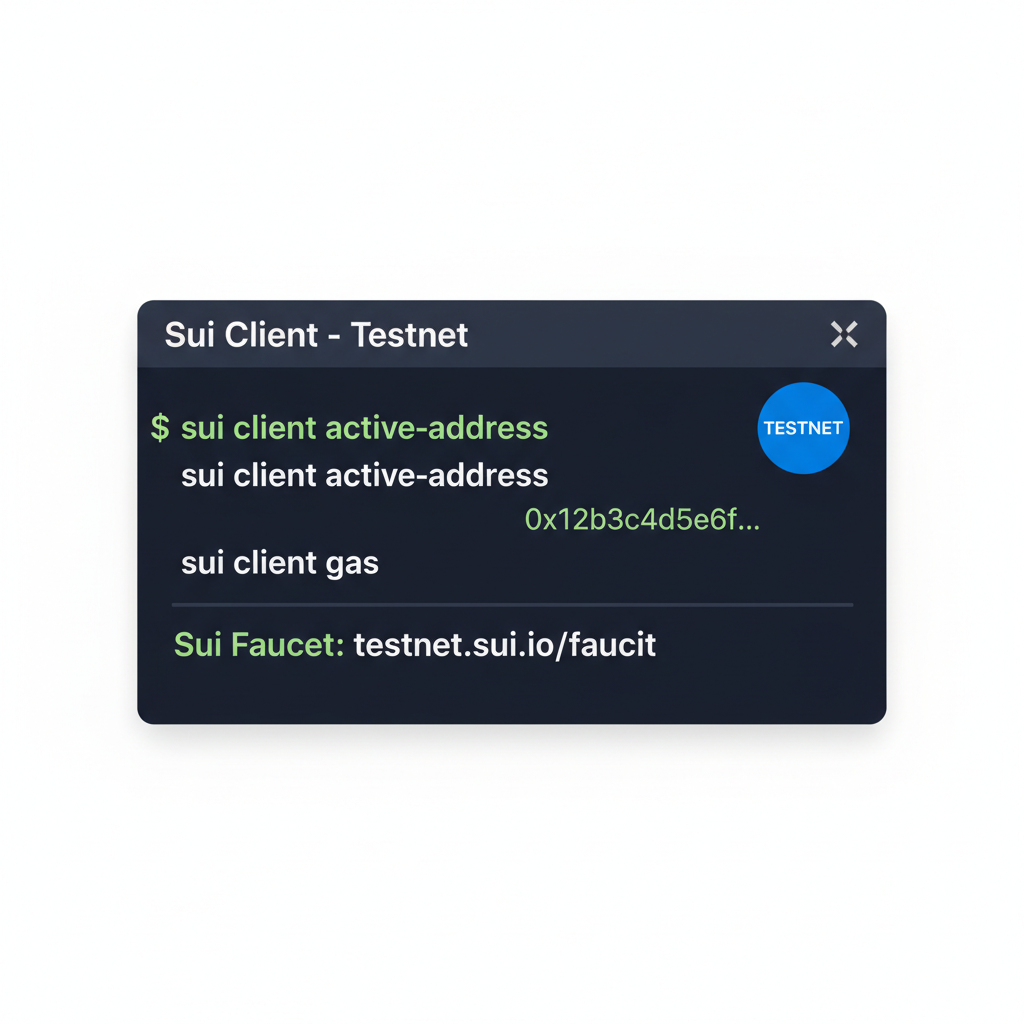terminal window running sui client commands, wallet address, faucet website, testnet badge