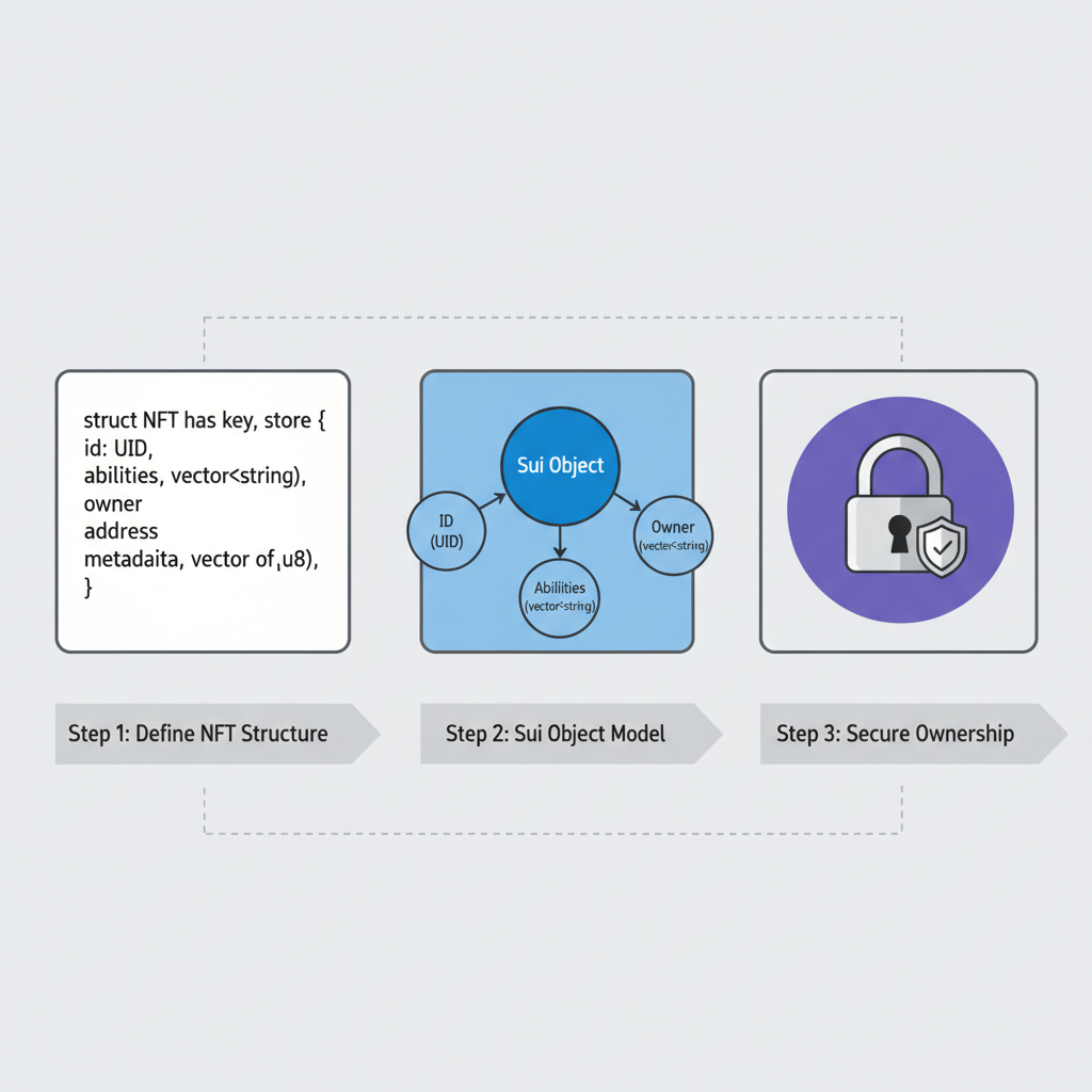Move code snippet defining NFT struct with abilities, Sui object diagram, secure lock icon