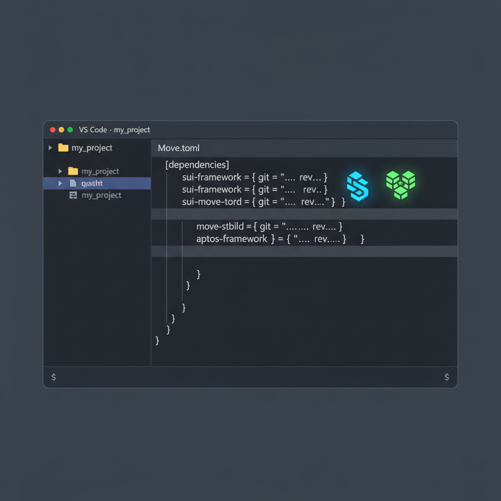 code editor with Move.toml file open showing Sui dependencies, blockchain icons, dark theme