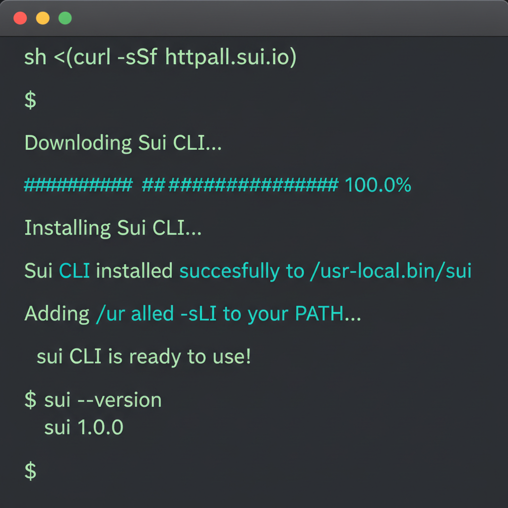 terminal screenshot installing Sui CLI on macOS, successful output, dark theme
