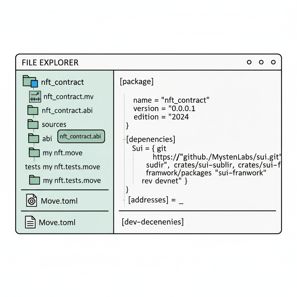 file explorer or terminal showing nft_contract structure post-build, Move.toml open