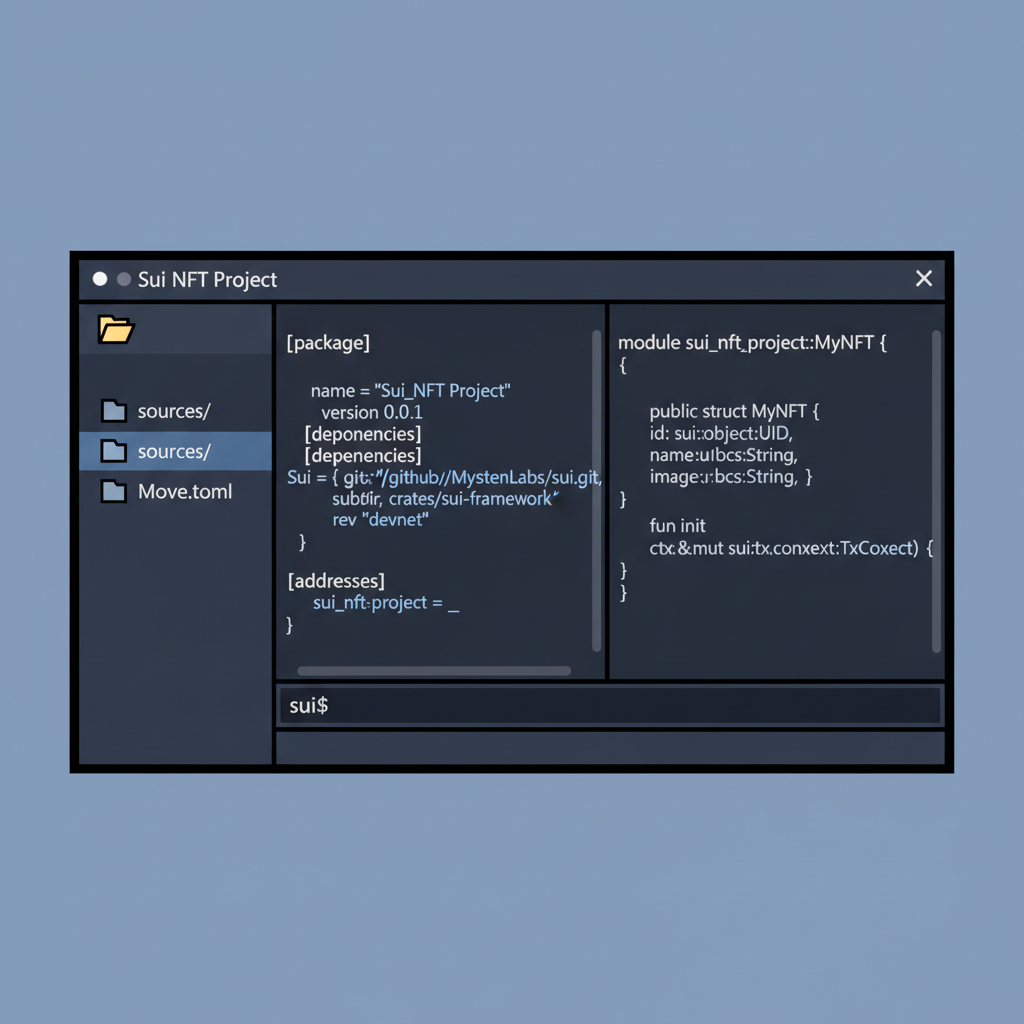 VS Code editor open with Move.toml and sources/ folder for Sui NFT project
