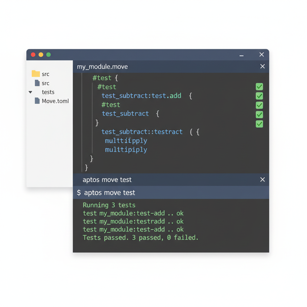 VS Code with Move unit test passing, green checkmarks, test runner terminal