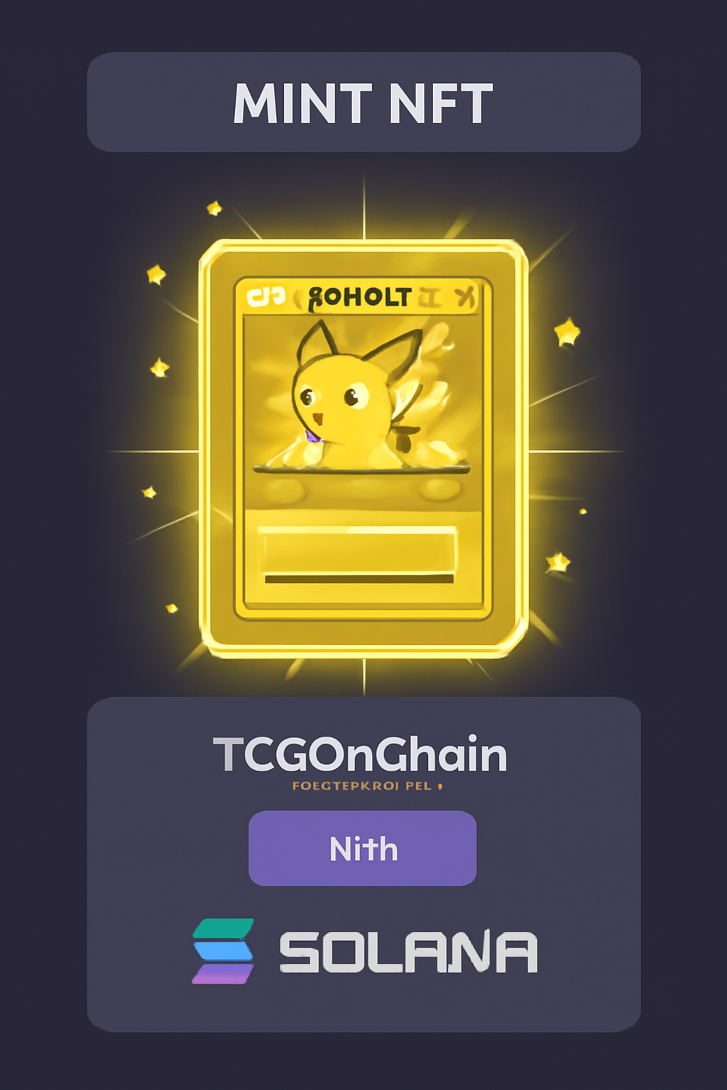 digital NFT of shiny Pokémon card minting on Solana blockchain interface, glowing token creation, TCGOnChain platform screen