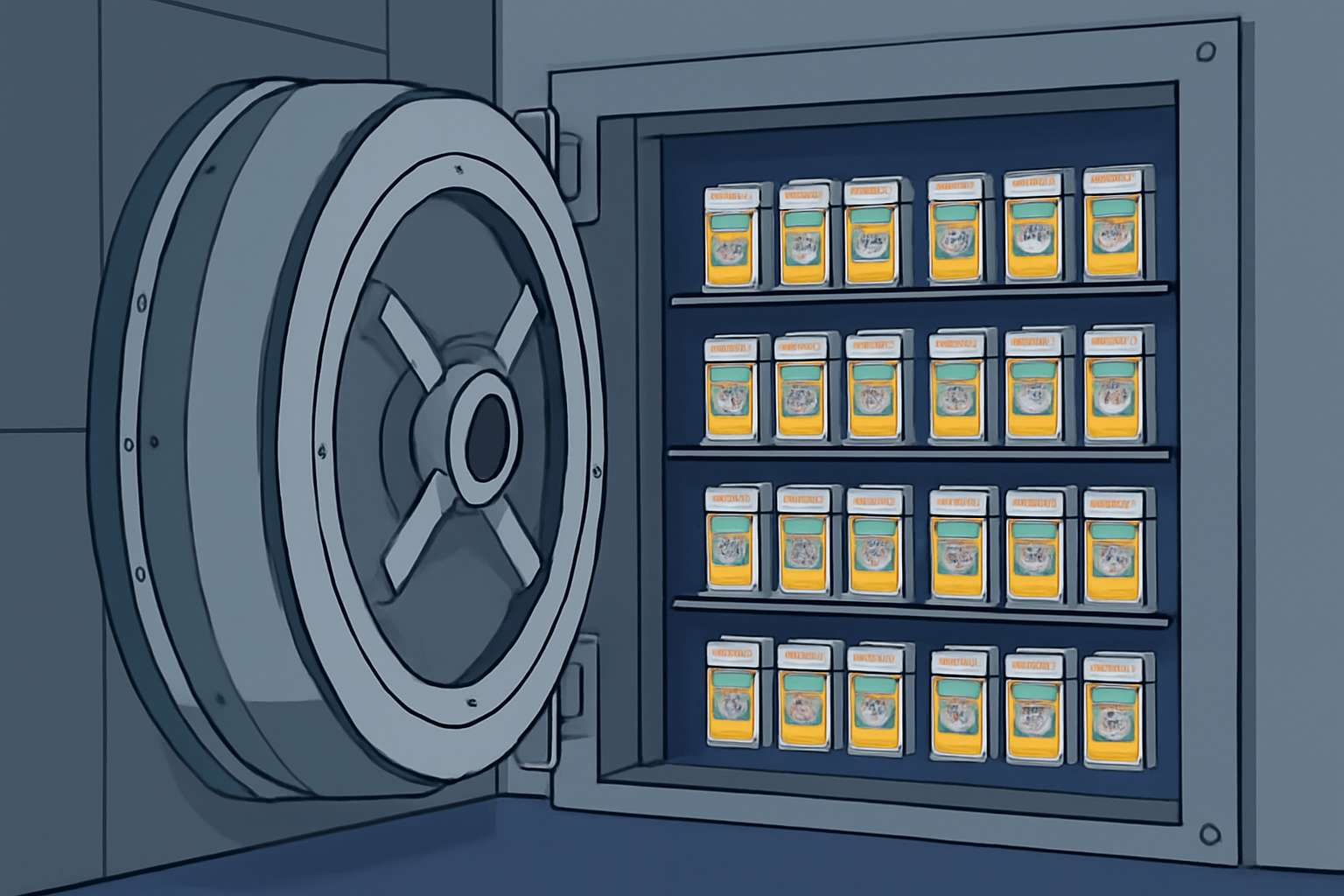high-security vault door opening to reveal shelves of protected Pokémon cards in cases, insured storage facility, futuristic secure