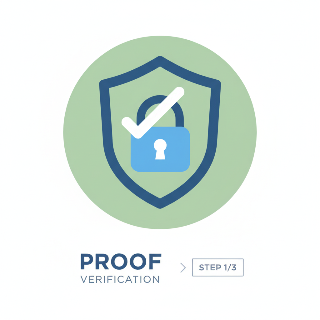 proof verification checkmark shield lock icon, technical verification UI