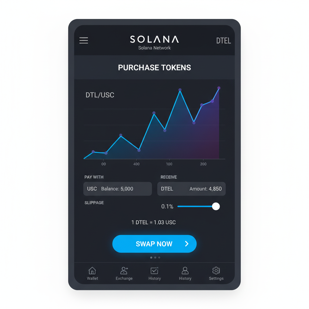 sleek crypto wallet interface showing DTEL token purchase on exchange, solana logo, professional dark theme