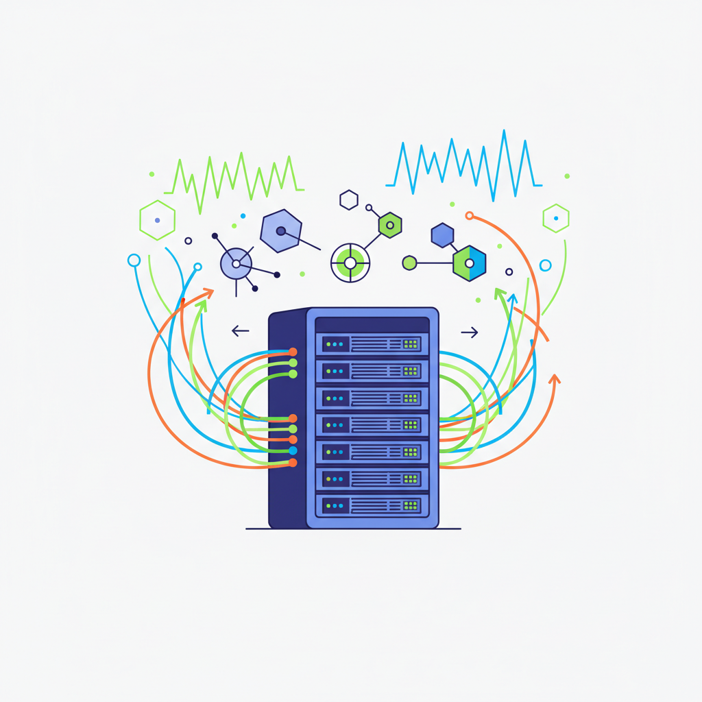 server rack with high-speed fiber cables, bandwidth graphs spiking, decentralized network nodes connecting