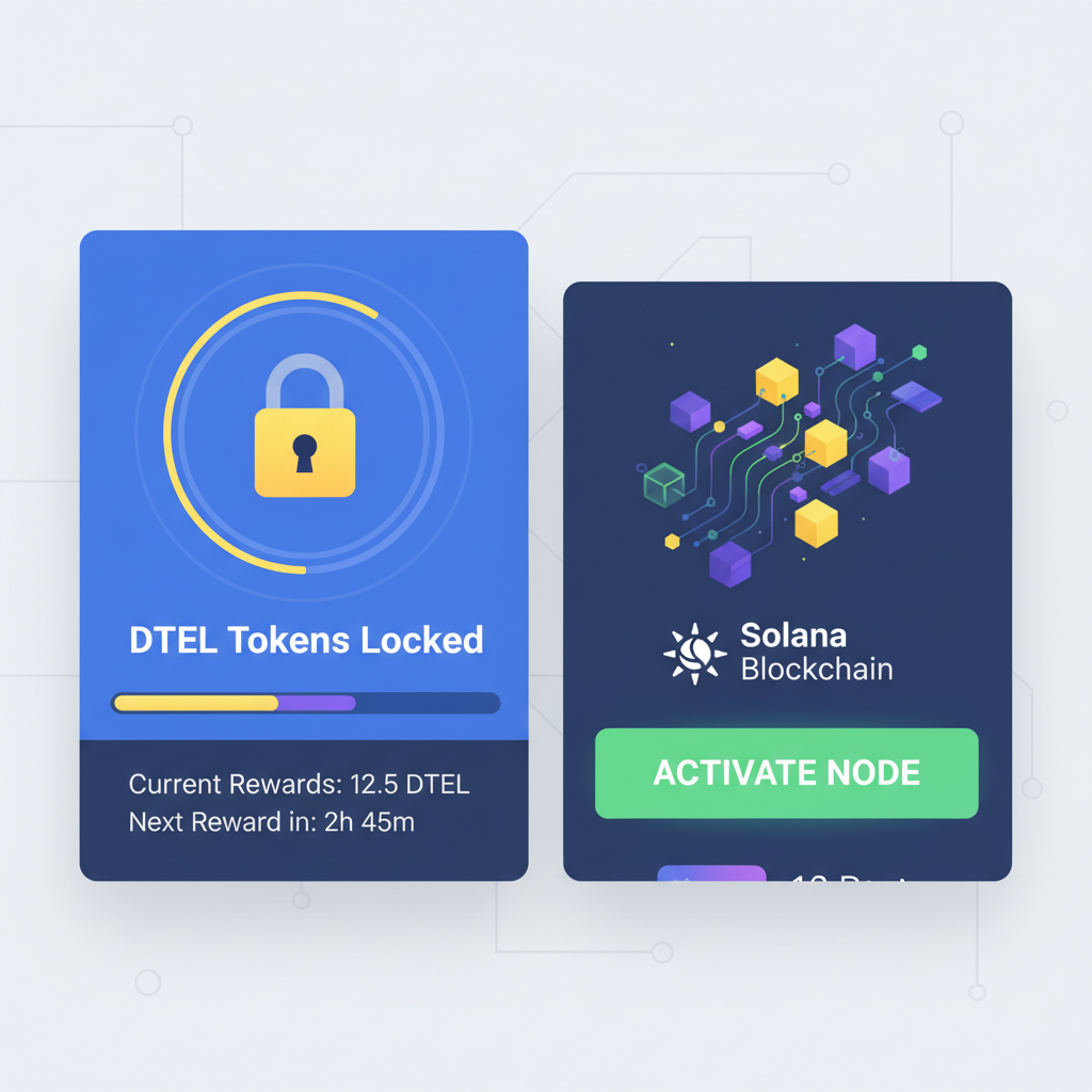 staking dashboard with DTEL tokens locked, solana blockchain animation, node activation button