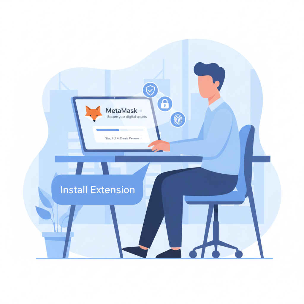 professional setting up MetaMask wallet on laptop in modern office, secure icons, blue tones