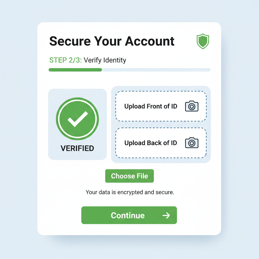secure KYC verification screen with document upload, green verified badge, professional interface
