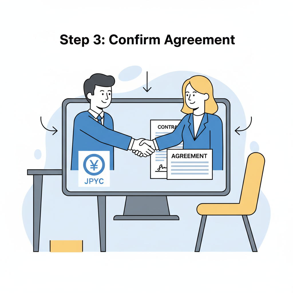 business professionals shaking hands over video call, JPYC logo and contract on screen