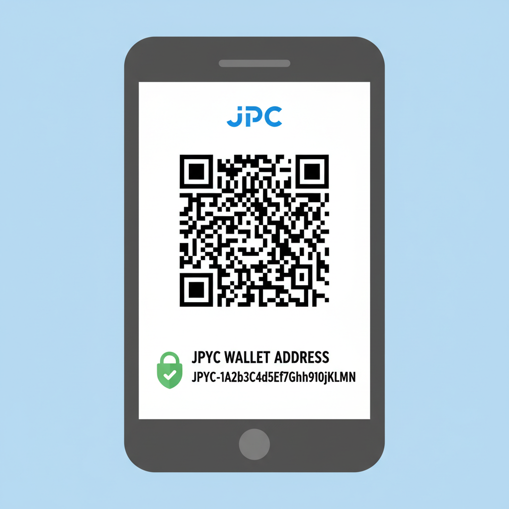 smartphone displaying JPYC wallet QR code and address, secure lock icon