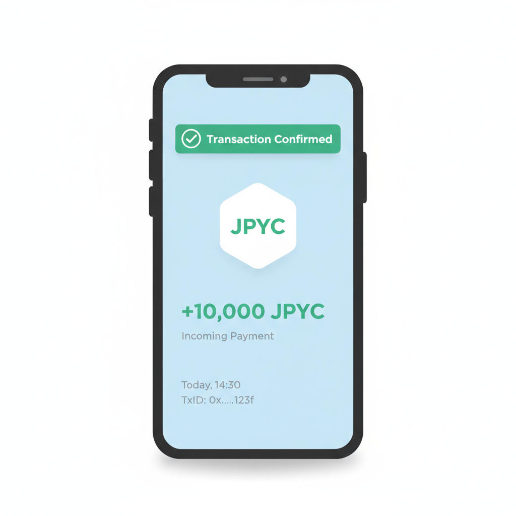 mobile wallet showing incoming JPYC transaction confirmed, green success alert