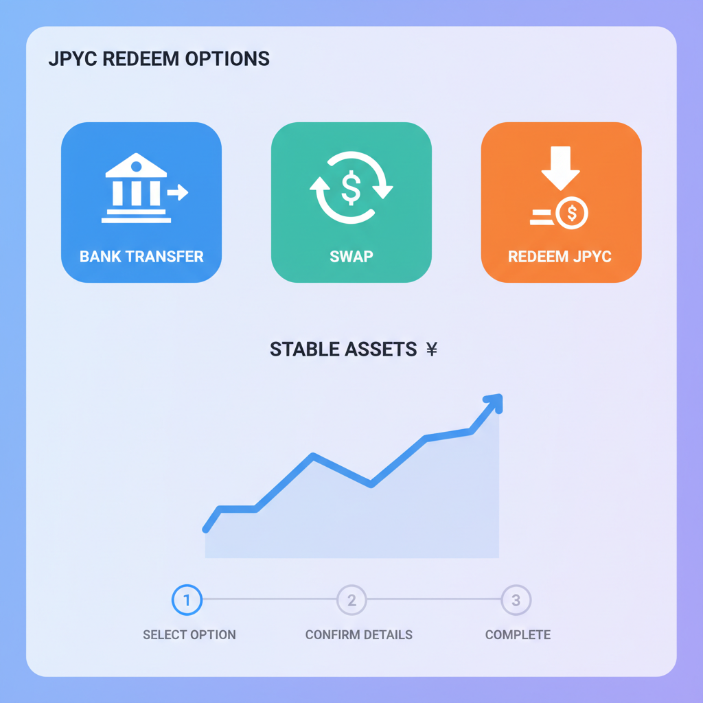 dashboard with JPYC redeem options, bank transfer and swap icons, stable graph