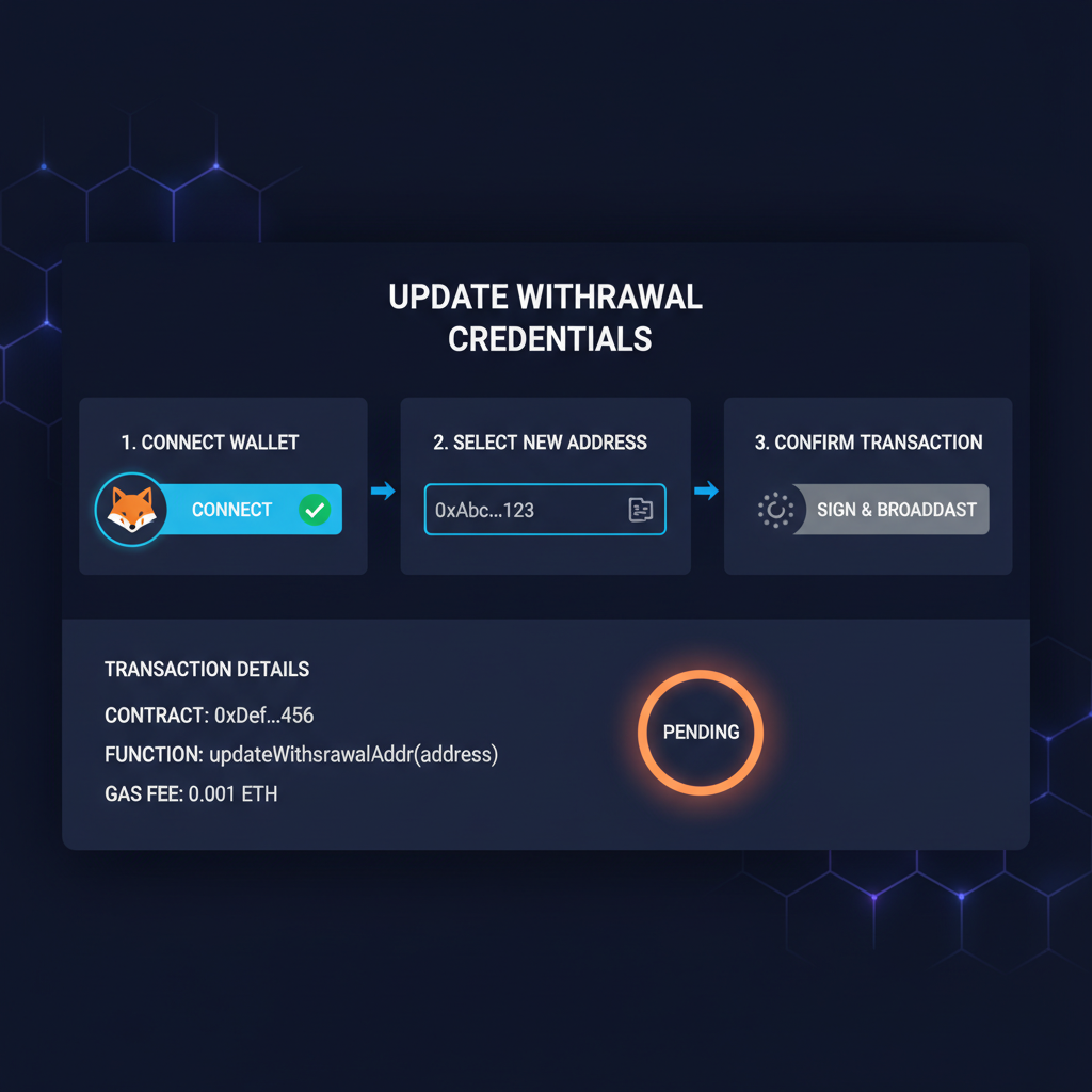 Smart contract interaction screen updating withdrawal credentials, blockchain UI, dark mode