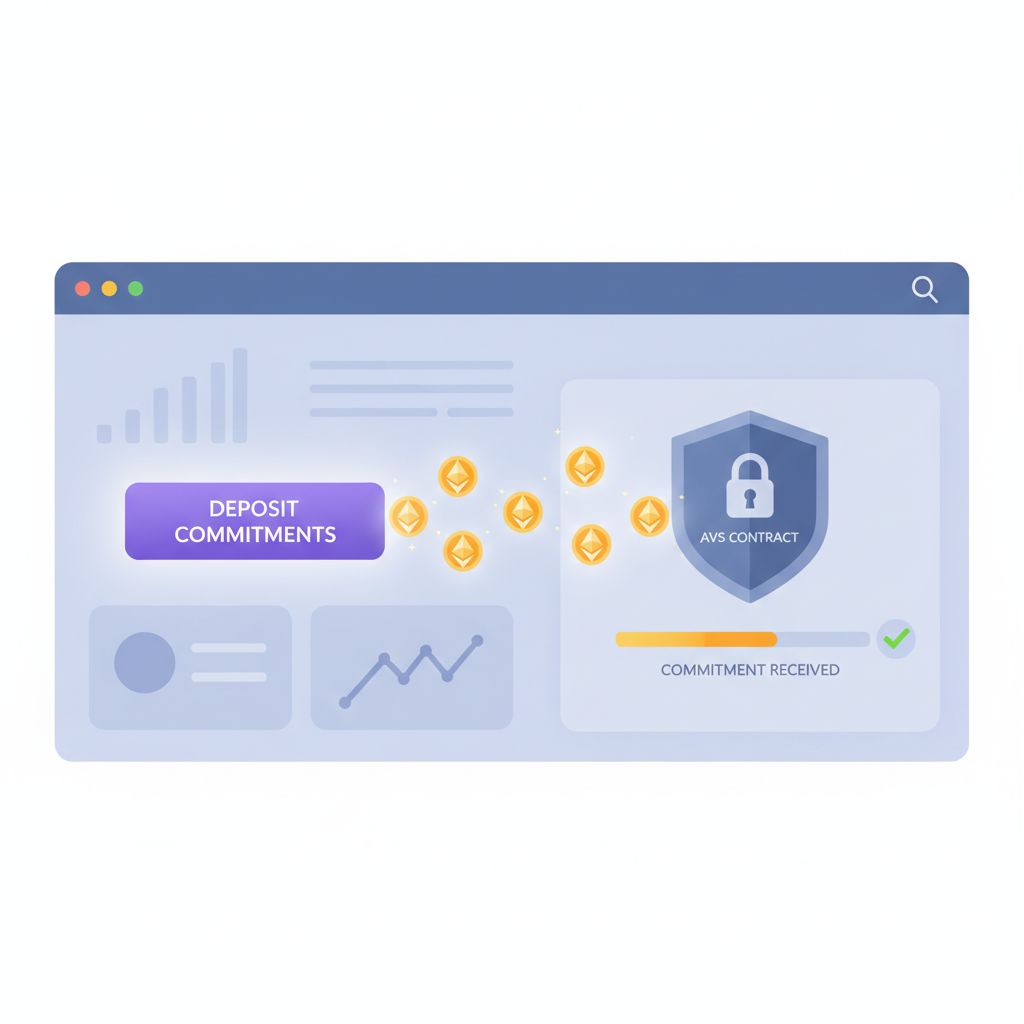 Depositing commitments to AVS dashboard, glowing ETH icons flowing into contract