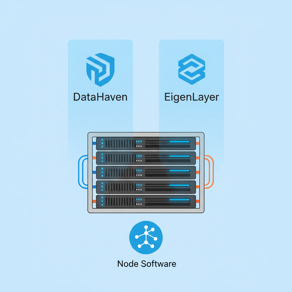 Server rack running node software, holographic DataHaven and EigenLayer logos
