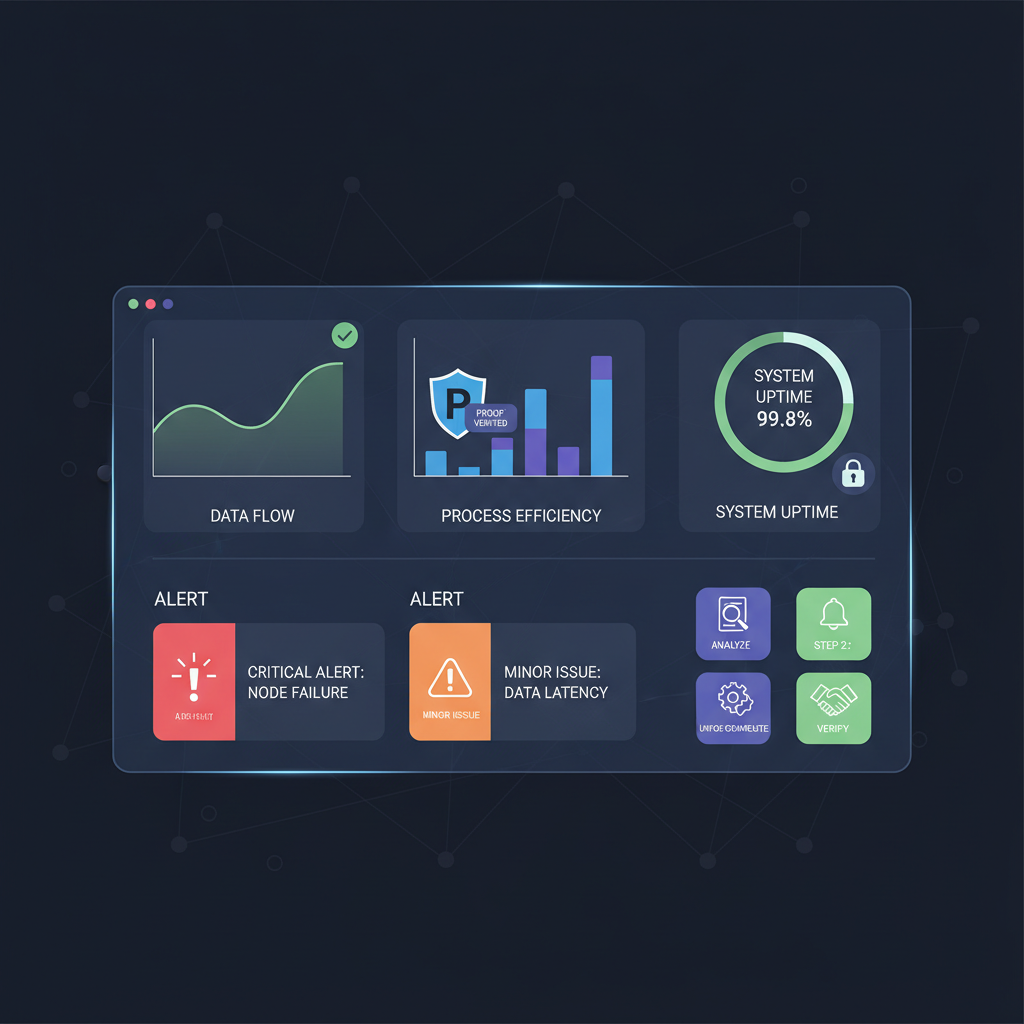 Monitoring dashboard with graphs, alerts, proof verification icons, futuristic UI