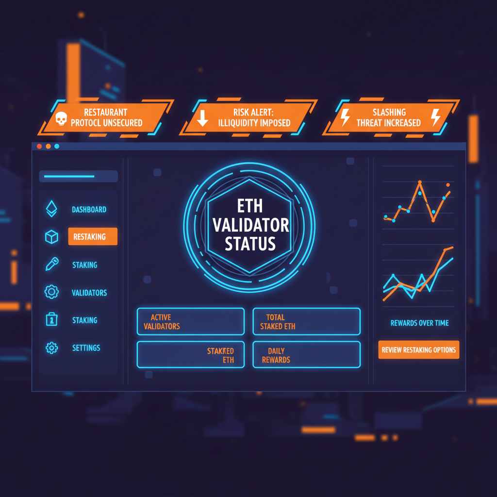 Ethereum validator dashboard with restaking warnings, cyberpunk style, neon blues and oranges
