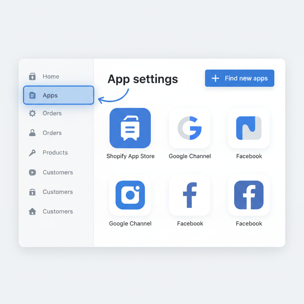 Shopify admin dashboard interface, apps section highlighted, clean modern UI, blue accents