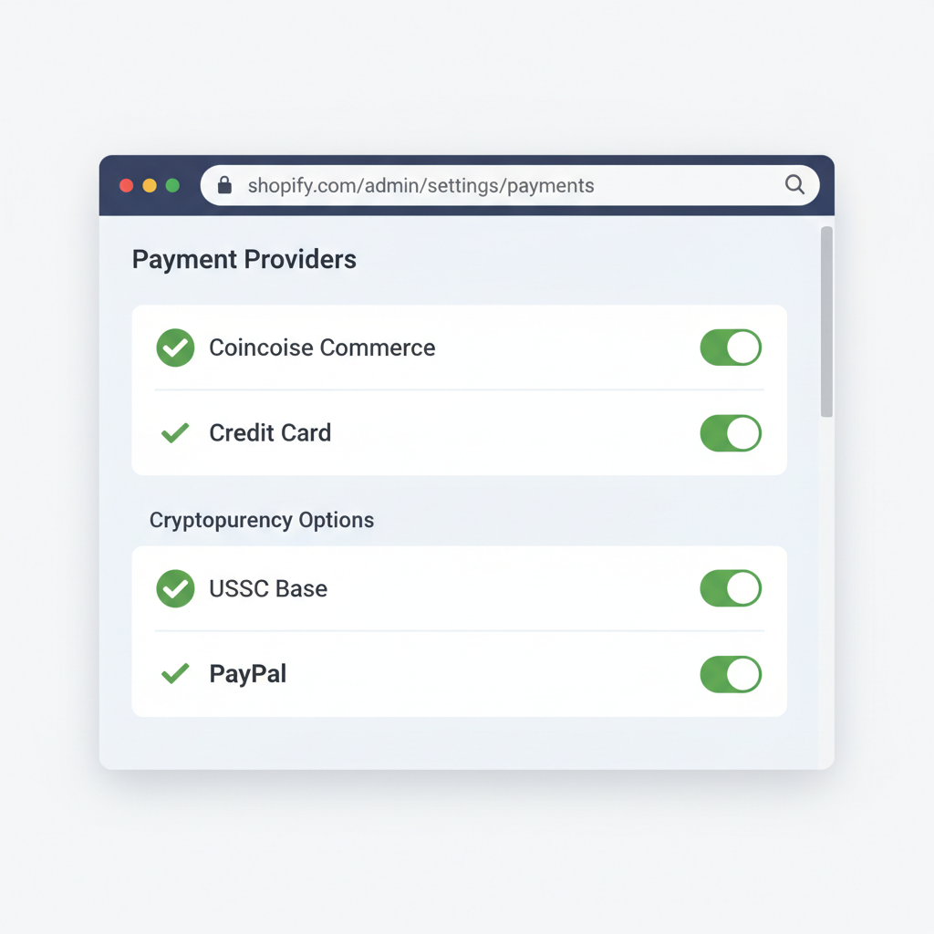 Shopify payments settings page, Coinbase Commerce enabled, USDC Base toggle on, green checkmarks