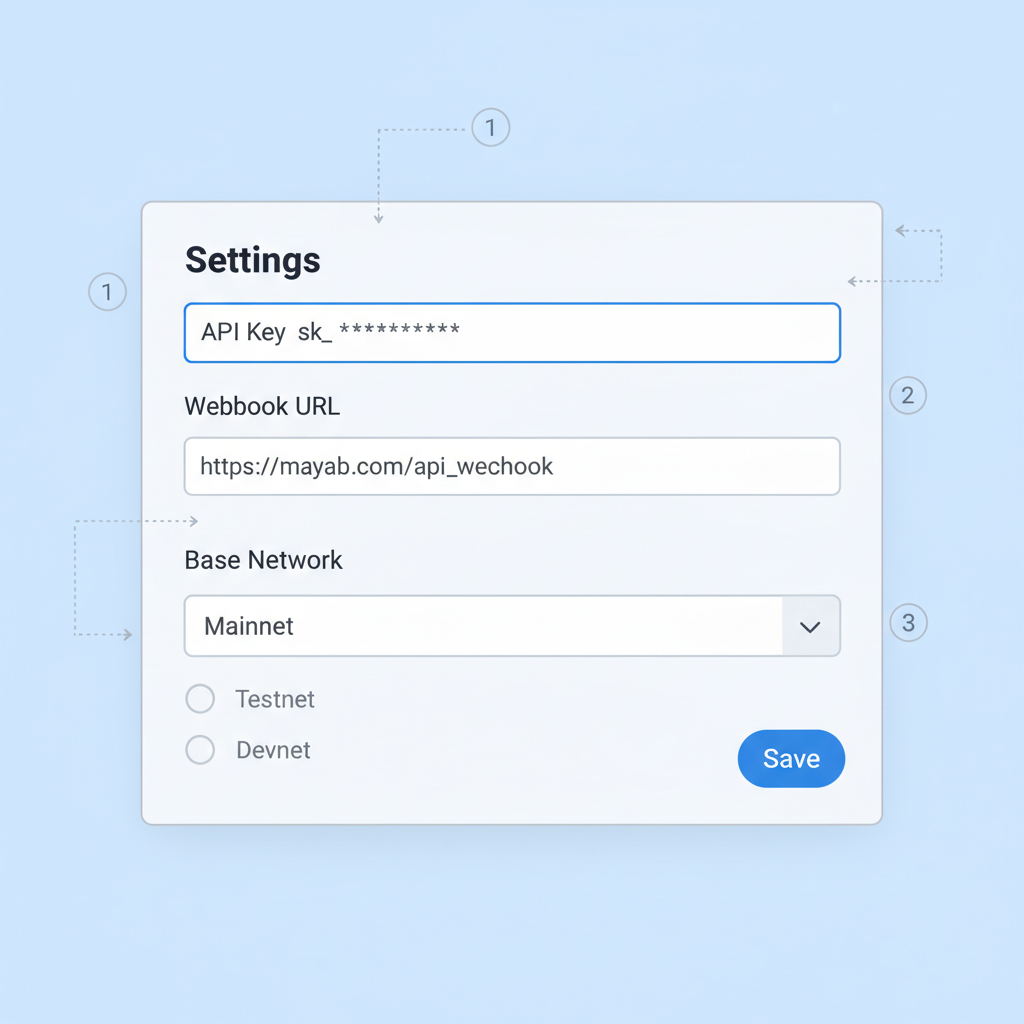 Settings panel with API key input fields, webhook URL, Base network selector, technical UI