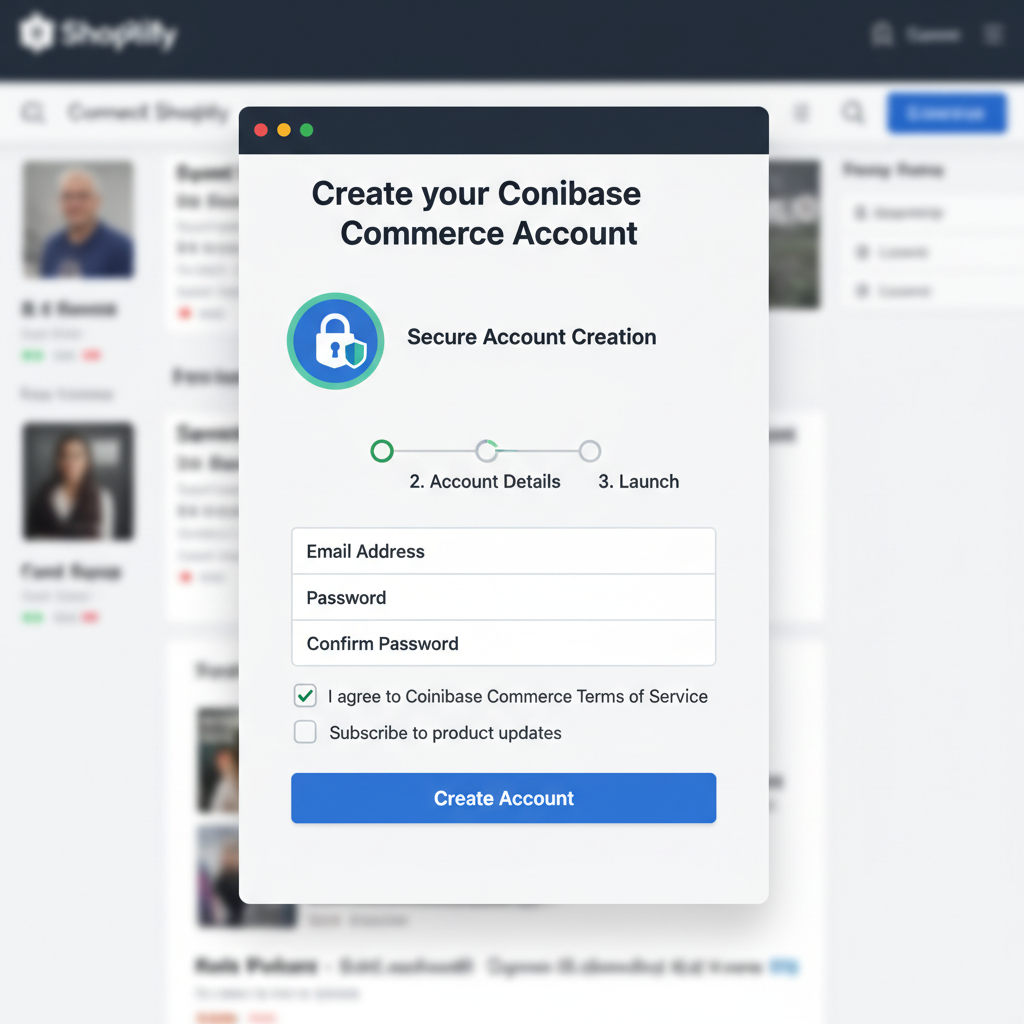 Coinbase Commerce signup screen integrated in Shopify app, account creation form, secure lock icon