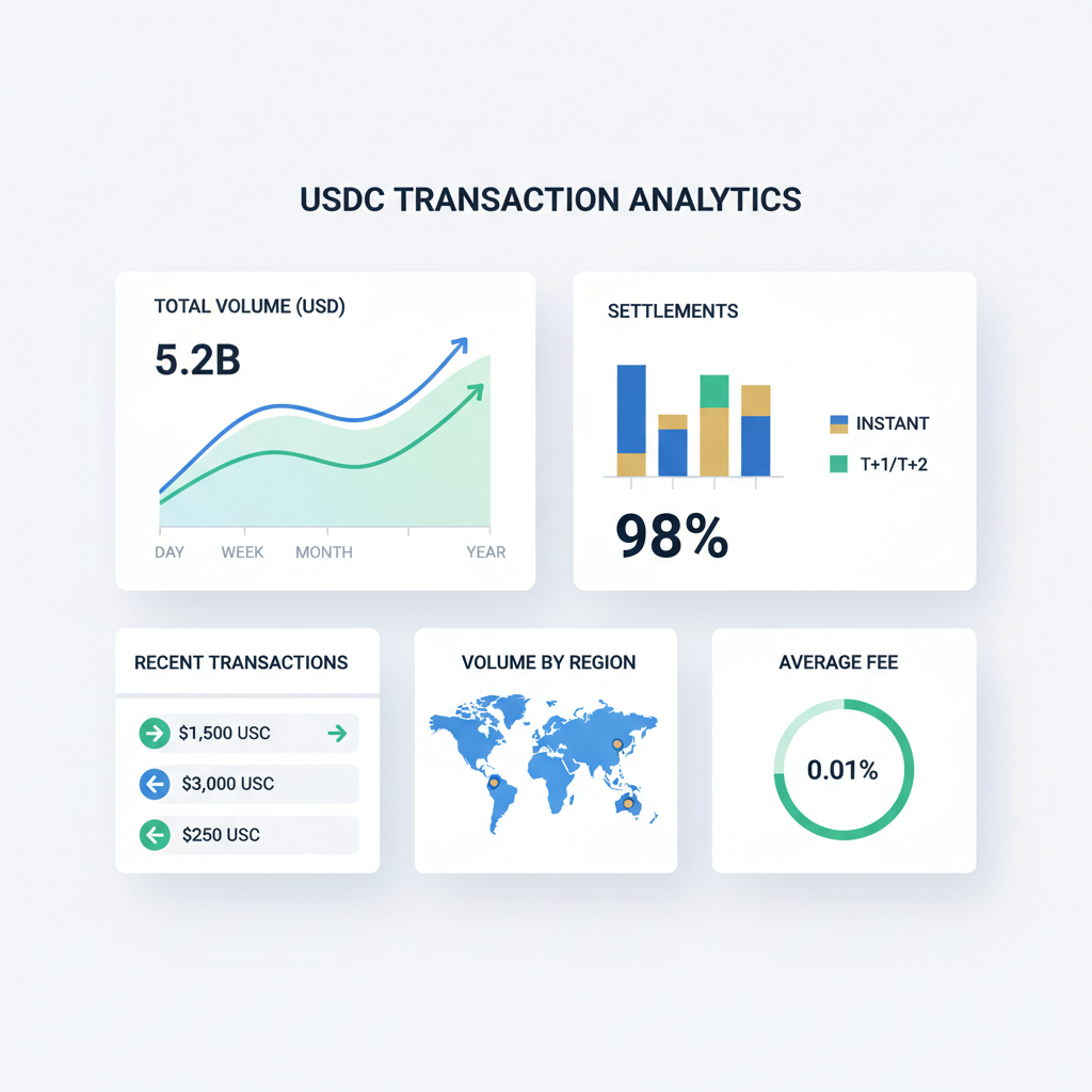 Analytics dashboard showing USDC transactions, charts of volume and settlements, professional graphs